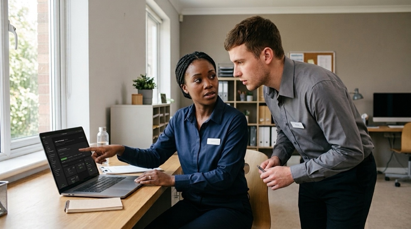 Two colleagues reviewing employee uniform allowances on a laptop