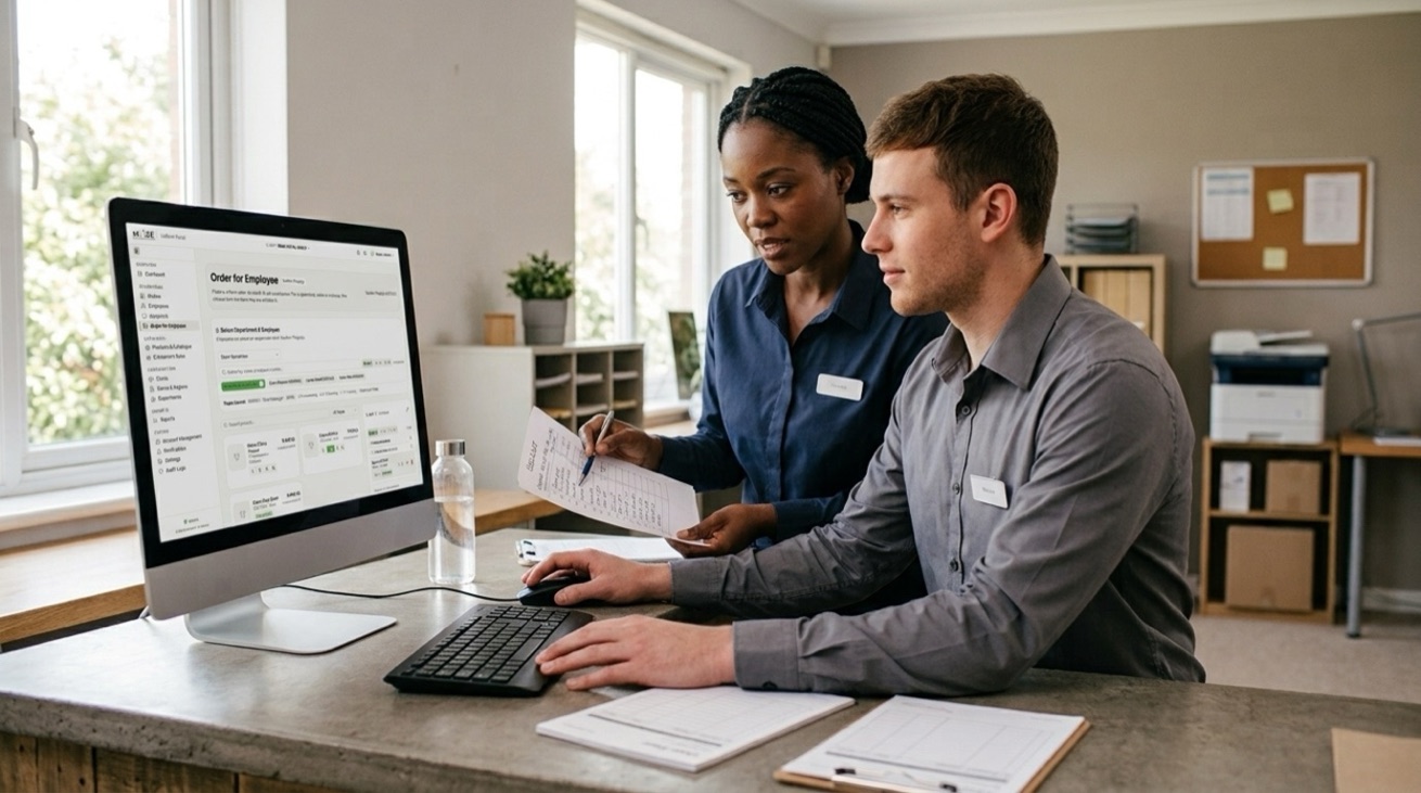 A store manager and a colleague placing an order together on a computer
