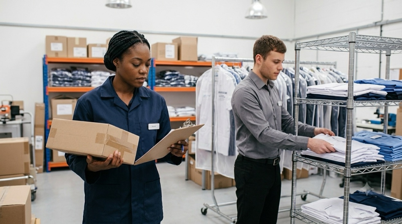 Two fulfilment team members packing uniform parcels for dispatch