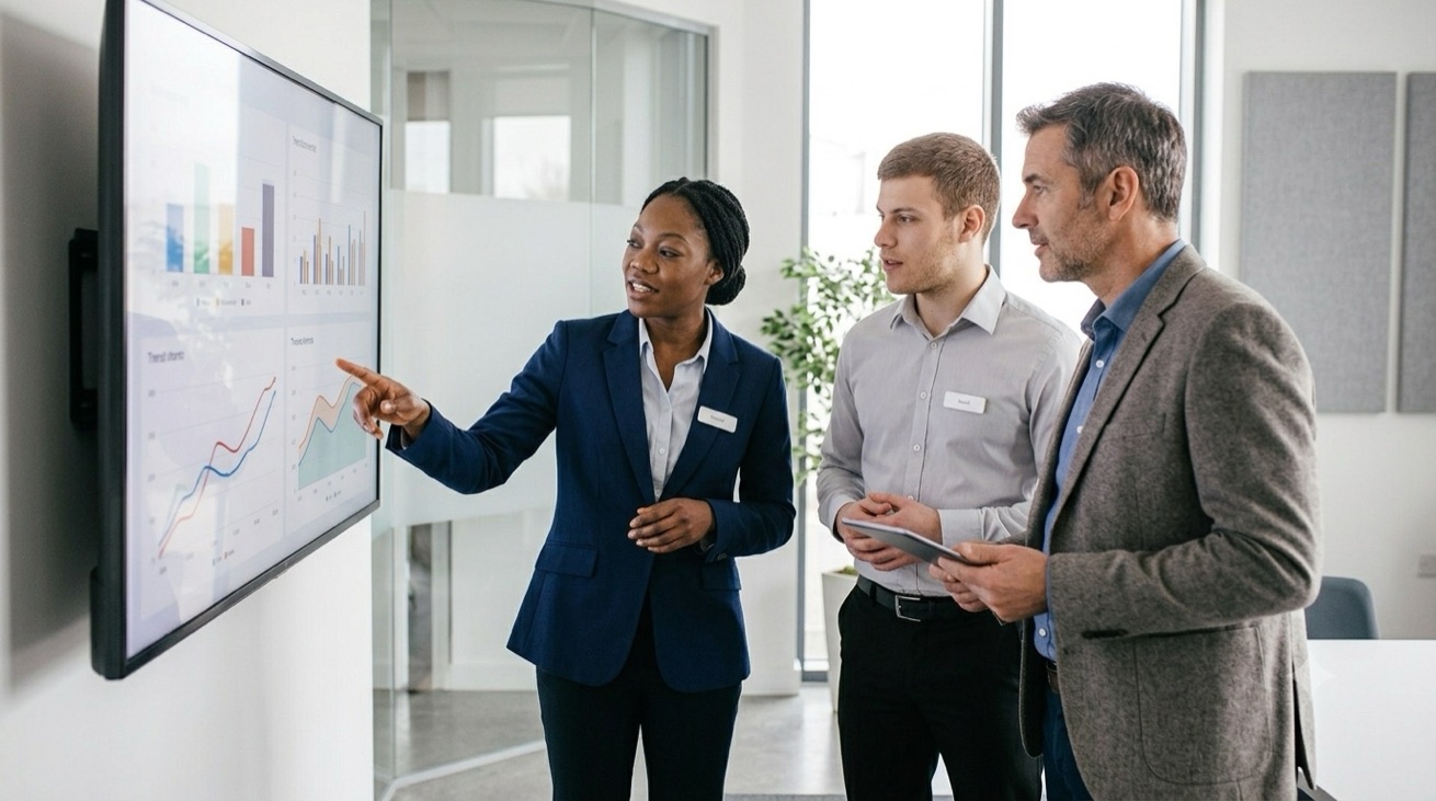 Staff members reviewing a monitoring dashboard on a wall-mounted screen